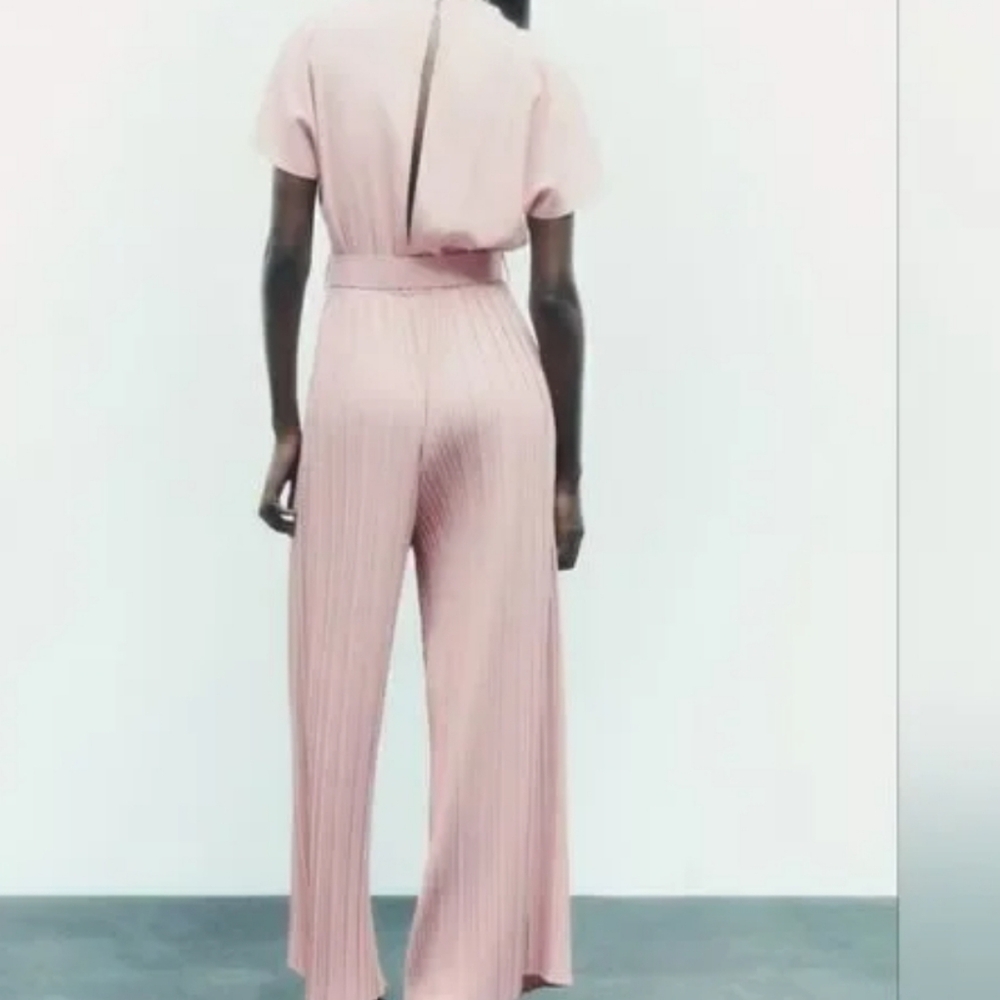 Zara Dusty Pink Pleated Wide-Leg Jumpsuit with Belt - Picture 11 of 15